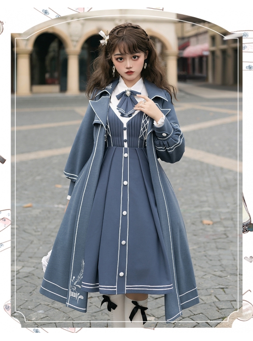 Book Of Lies Series JSK Concise Elegant Military Style Classic Lolita Blue Long Lapel Coat