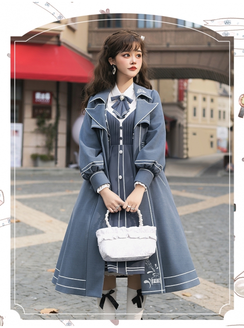 Book Of Lies Series JSK Concise Elegant Military Style Classic Lolita Blue Long Lapel Coat