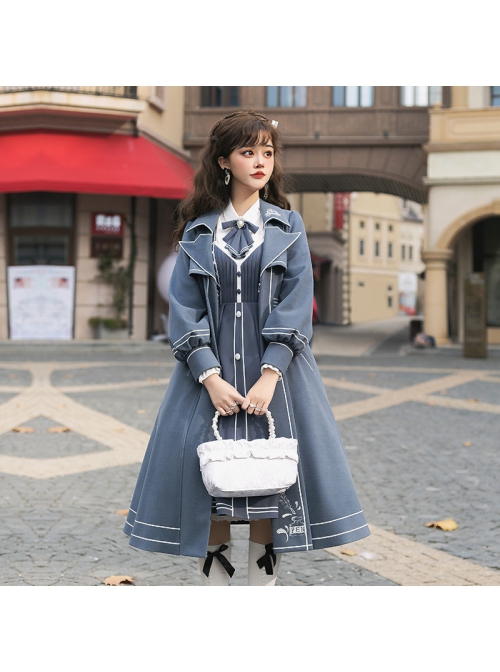 Book Of Lies Series JSK Concise Elegant Military Style Classic Lolita Blue Long Lapel Coat