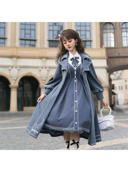 Book Of Lies Series JSK Concise Elegant Military Style Classic Lolita Blue Long Lapel Coat