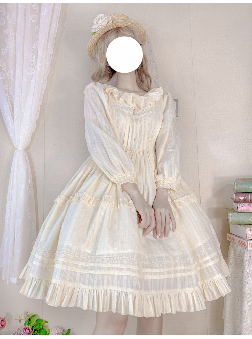 Girl Nelly Series OP Pure Color Cotton Jacquard Elegant Sweet Lolita Long Sleeve Dress