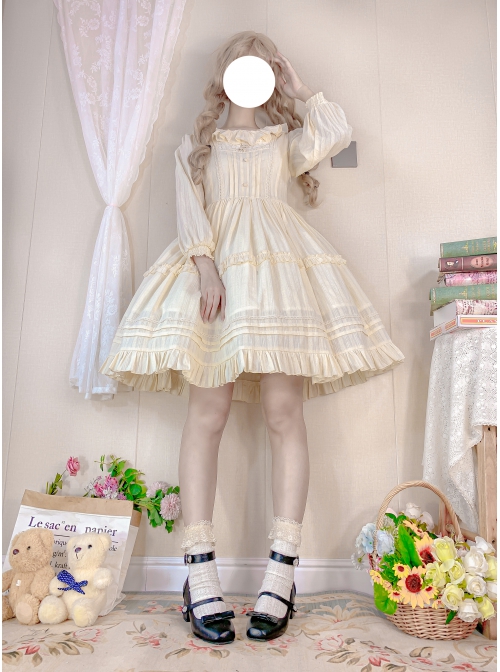 Girl Nelly Series OP Pure Color Cotton Jacquard Elegant Sweet Lolita Long Sleeve Dress