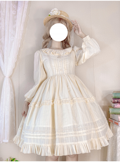 Girl Nelly Series OP Pure Color Cotton Jacquard Elegant Sweet Lolita Long Sleeve Dress