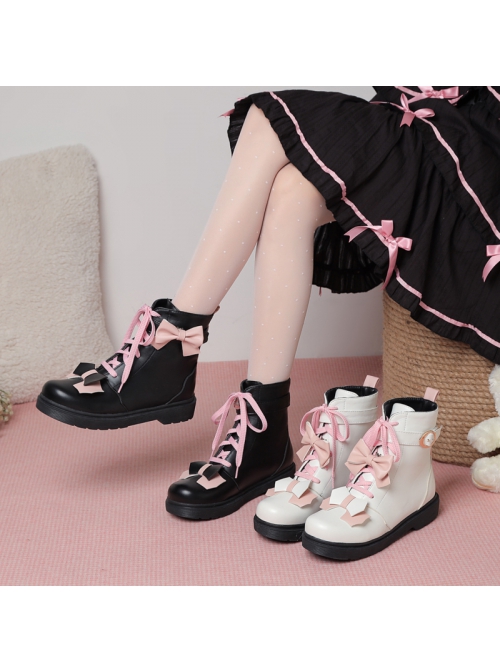 Cute Bowknot Short Boots Autumn Winter Flock Lining Sweet Lolita Inner Heightening Martin Boots