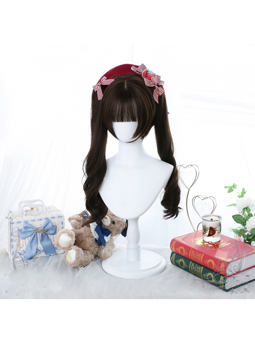 Brown Cute Daily Long Curly Double Ponytail Tiger-Mouth-Clips Sweet Lolita Short Wigs