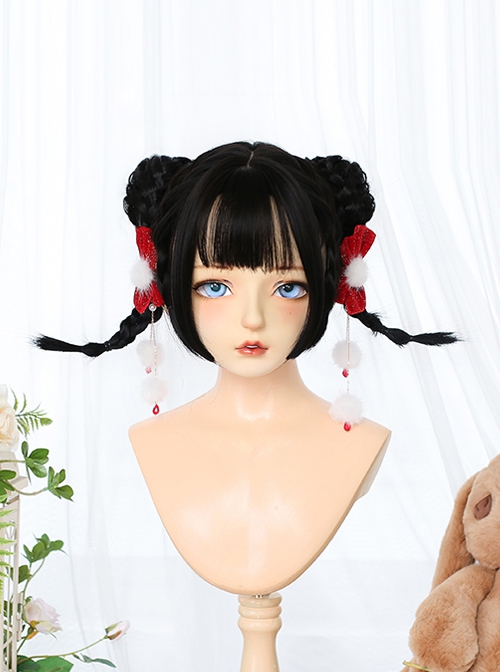 Nature Black Upturned Double Ponytail Tiger-Mouth-Clips Sweet Lolita Cute Short Wigs