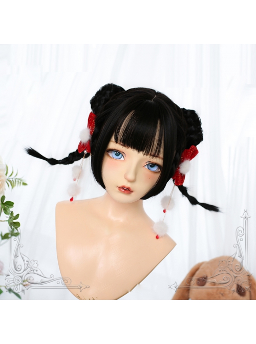 Nature Black Upturned Double Ponytail Tiger-Mouth-Clips Sweet Lolita Cute Short Wigs