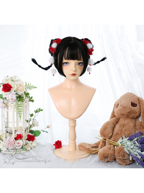 Nature Black Upturned Double Ponytail Tiger-Mouth-Clips Sweet Lolita Cute Short Wigs