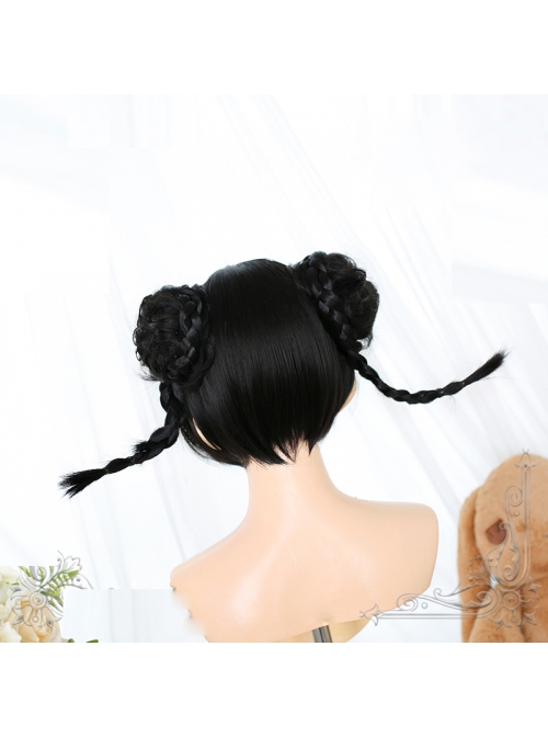 Nature Black Upturned Double Ponytail Tiger-Mouth-Clips Sweet Lolita Cute Short Wigs