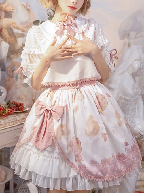 Rock Candy Cat Series SK Summer Cute Printing Pink Bowknot Sweet Lolita White Skirt Shirt Set