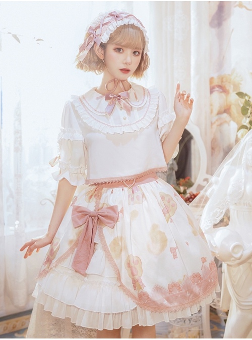 Rock Candy Cat Series SK Summer Cute Printing Pink Bowknot Sweet Lolita White Skirt Shirt Set