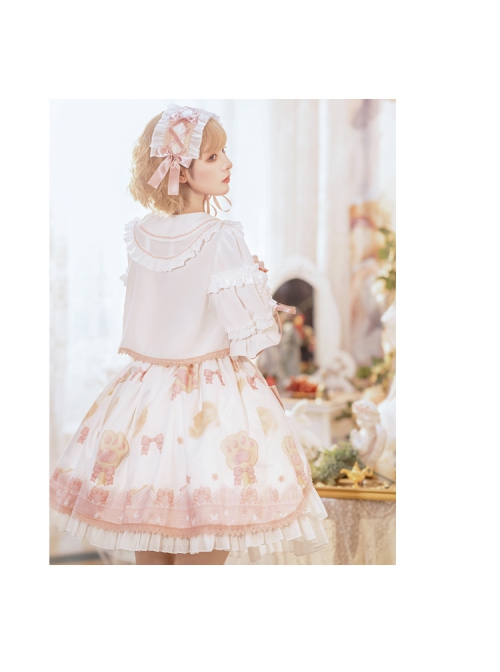 Rock Candy Cat Series SK Summer Cute Printing Pink Bowknot Sweet Lolita White Skirt Shirt Set