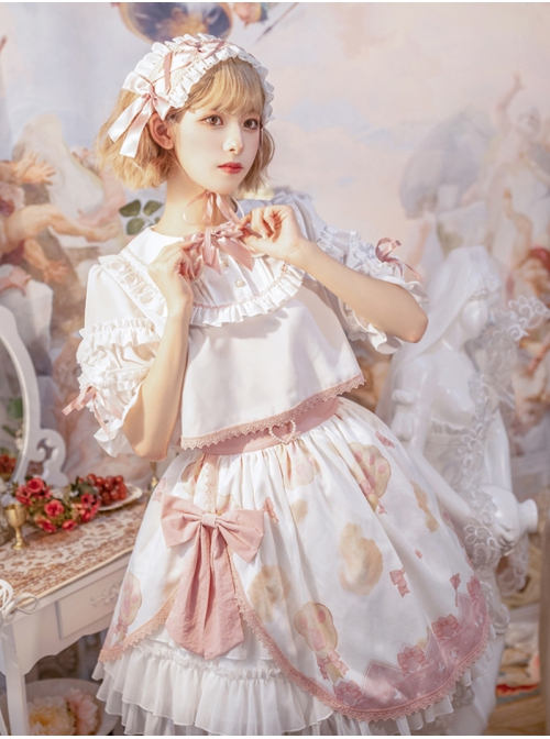 Rock Candy Cat Series SK Summer Cute Printing Pink Bowknot Sweet Lolita White Skirt Shirt Set