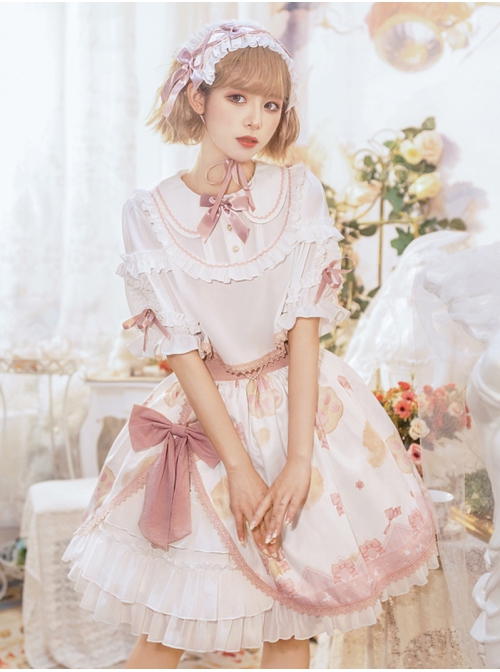 Rock Candy Cat Series SK Summer Cute Printing Pink Bowknot Sweet Lolita White Skirt Shirt Set