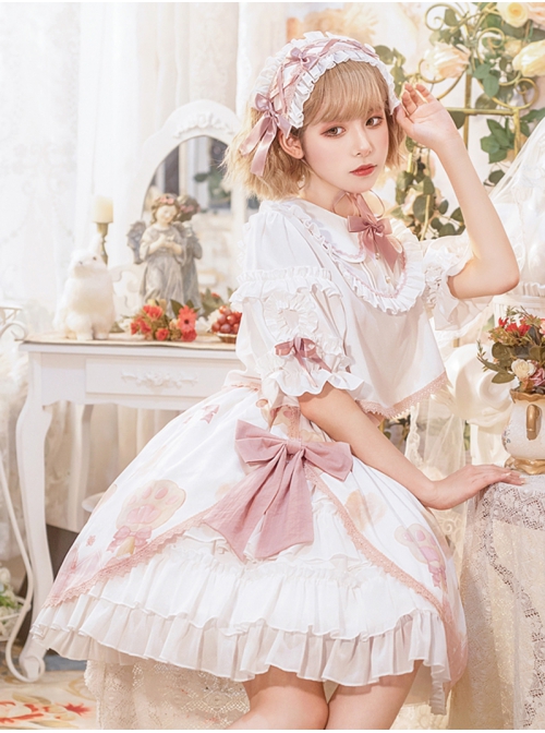 Rock Candy Cat Series SK Summer Cute Printing Pink Bowknot Sweet Lolita White Skirt Shirt Set