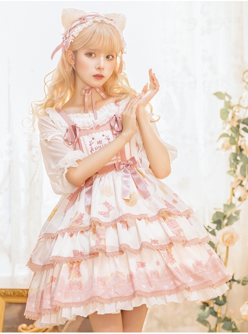 Rock Candy Cat Series JSK Cute Printing Three-stage Hem Sweet Lolita Sling Dress