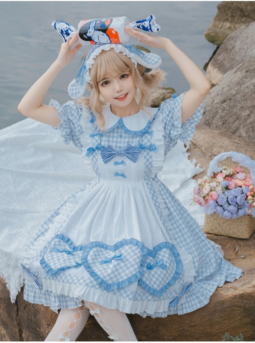 Alice Bunny Series OP Blue Plaid Doll Sleeve Bowknot Sweet Lolita Short Sleeve Dress