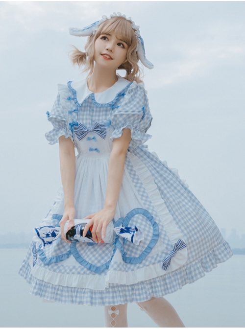 Alice Bunny Series OP Blue Plaid Doll Sleeve Bowknot Sweet Lolita Short Sleeve Dress