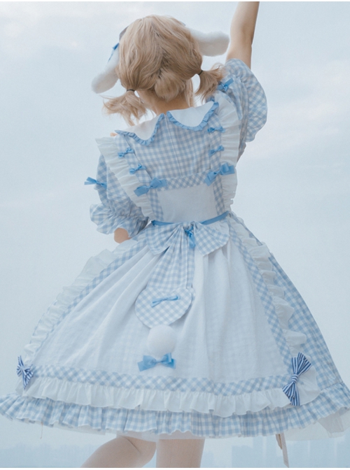 Alice Bunny Series OP Blue Plaid Doll Sleeve Bowknot Sweet Lolita Short Sleeve Dress