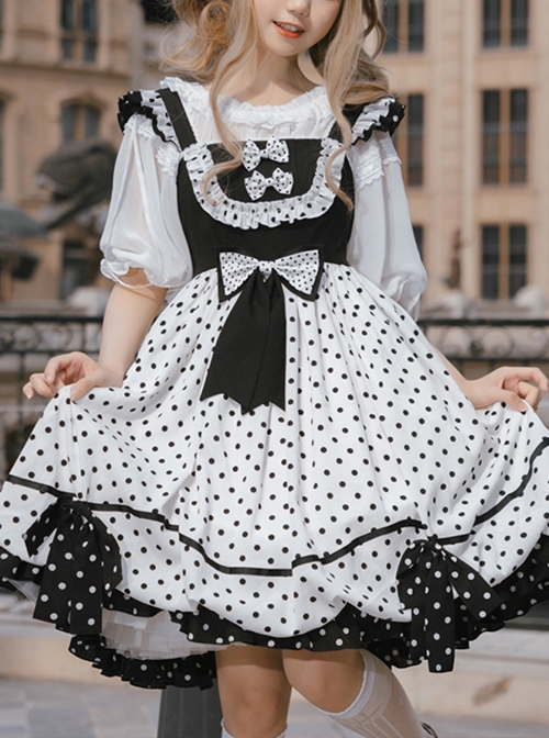 Polka Point Series JSK Bowknot Dot Printing Sweet Lolita Black White Sling Dress