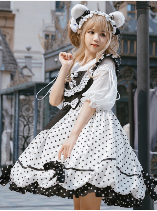 Polka Point Series JSK Bowknot Dot Printing Sweet Lolita Black White Sling Dress