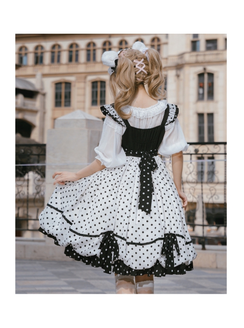 Polka Point Series JSK Bowknot Dot Printing Sweet Lolita Black White Sling Dress