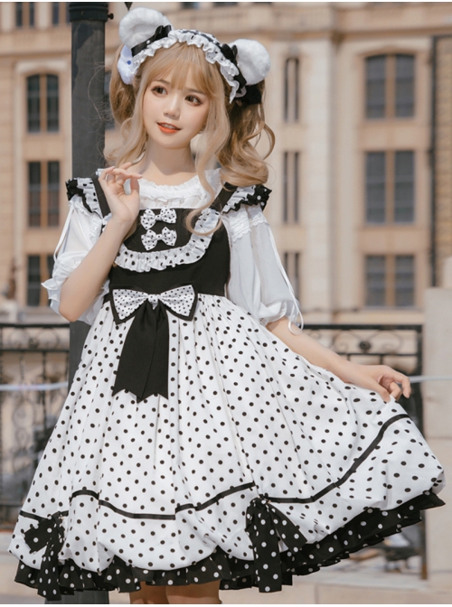 Polka Point Series JSK Bowknot Dot Printing Sweet Lolita Black White Sling Dress