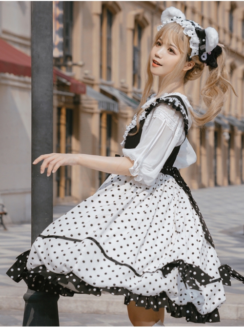 Polka Point Series JSK Bowknot Dot Printing Sweet Lolita Black White Sling Dress