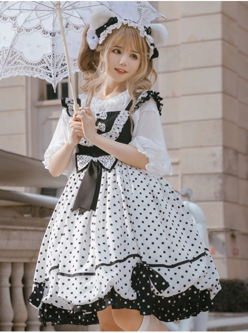 Polka Point Series JSK Bowknot Dot Printing Sweet Lolita Black White Sling Dress