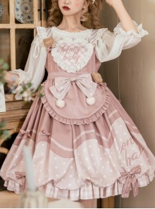 Bear Bakery Series JSK Plush Balls Bowknot Pink Dot Printing Sweet Lolita Sling Dress