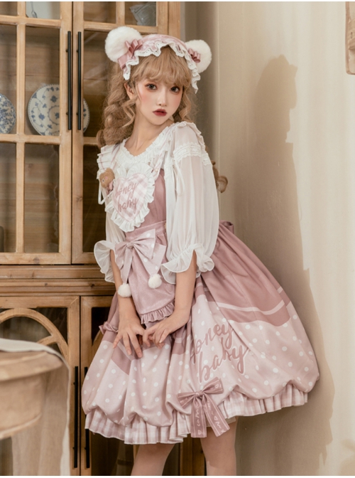 Bear Bakery Series JSK Plush Balls Bowknot Pink Dot Printing Sweet Lolita Sling Dress