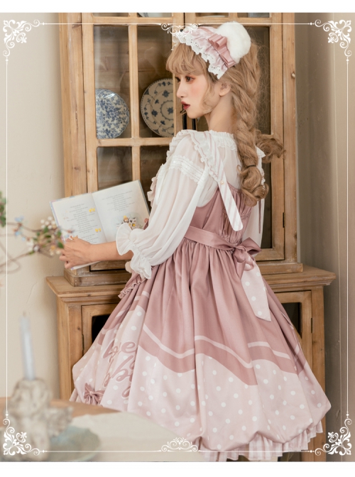 Bear Bakery Series JSK Plush Balls Bowknot Pink Dot Printing Sweet Lolita Sling Dress