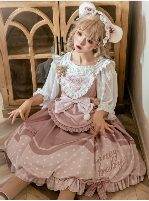 Bear Bakery Series JSK Plush Balls Bowknot Pink Dot Printing Sweet Lolita Sling Dress