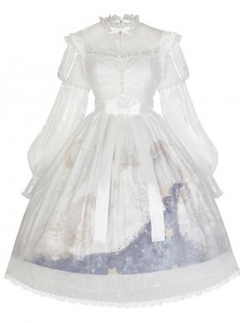 Pick The Stars Series OP Elegant Printing Classic Lolita Dreamy White Long Sleeve Dress 