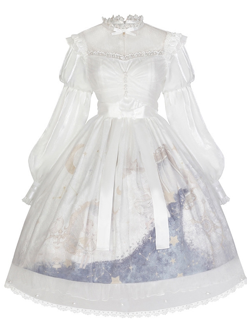 Pick The Stars Series OP Elegant Printing Classic Lolita Dreamy White Long Sleeve Dress