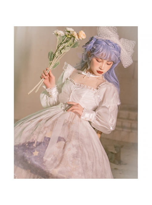 Pick The Stars Series OP Elegant Printing Classic Lolita Dreamy White Long Sleeve Dress