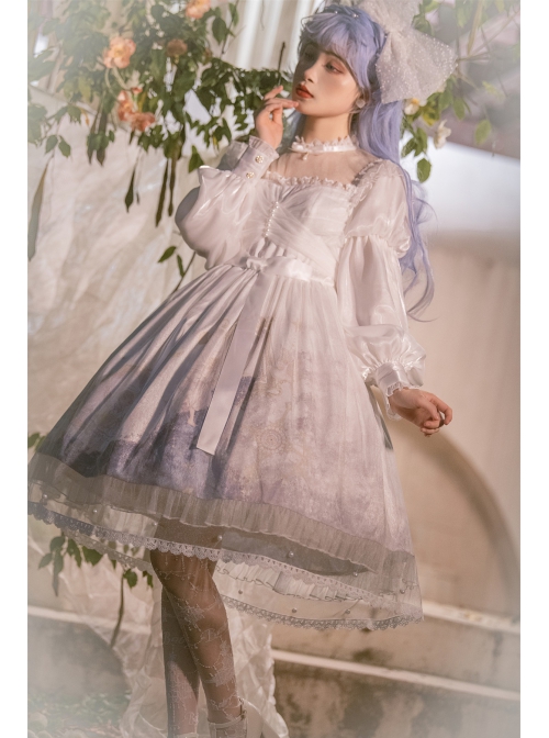 Pick The Stars Series OP Elegant Printing Classic Lolita Dreamy White Long Sleeve Dress