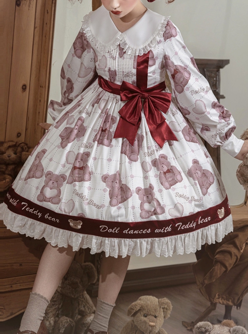 Doll Bear Series OP Doll Collar Cute Bears Printing Sweet Lolita Long Sleeve Dress