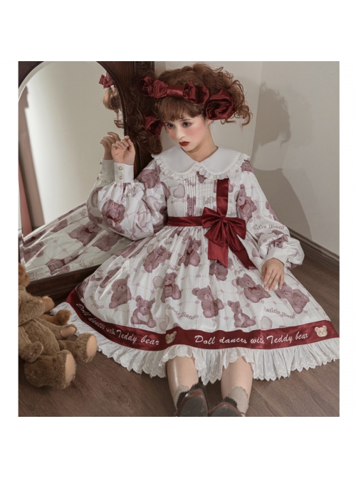 Doll Bear Series OP Doll Collar Cute Bears Printing Sweet Lolita Long Sleeve Dress