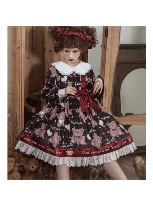 Doll Bear Series OP Doll Collar Cute Bears Printing Sweet Lolita Long Sleeve Dress