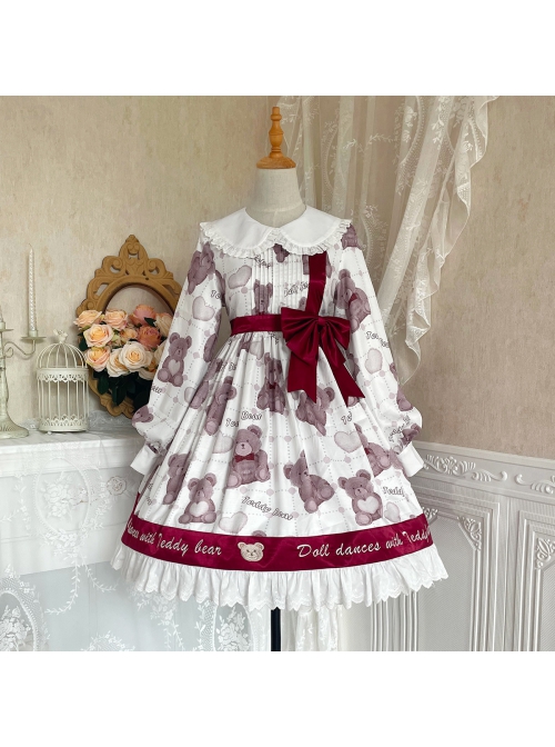 Doll Bear Series OP Doll Collar Cute Bears Printing Sweet Lolita Long Sleeve Dress