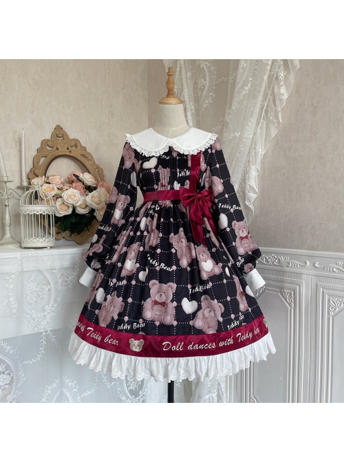 Doll Bear Series OP Doll Collar Cute Bears Printing Sweet Lolita Long Sleeve Dress