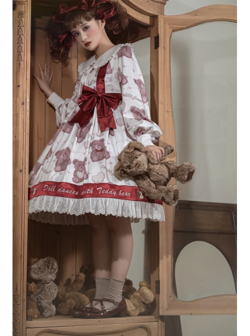 Doll Bear Series OP Doll Collar Cute Bears Printing Sweet Lolita Long Sleeve Dress