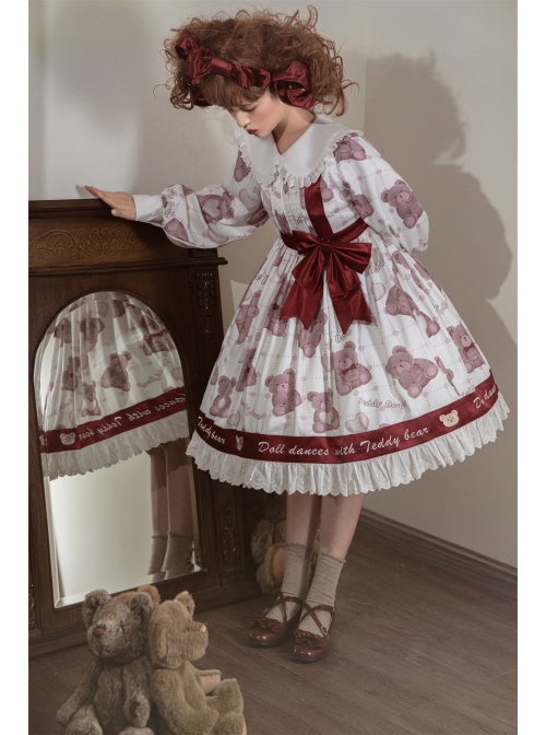 Doll Bear Series OP Doll Collar Cute Bears Printing Sweet Lolita Long Sleeve Dress