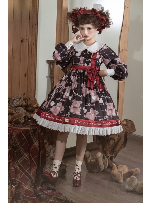Doll Bear Series OP Doll Collar Cute Bears Printing Sweet Lolita Long Sleeve Dress