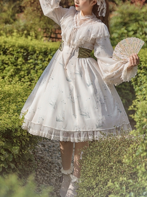 Look For Flower Letter Paper Series OP Light Yellow Pearl-Chiffon Elegant Printing Classic Lolita Long Sleeve Dress