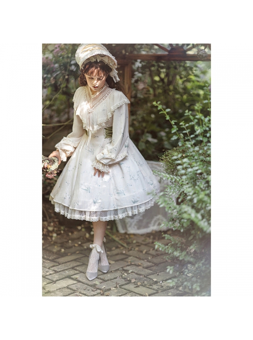 Look For Flower Letter Paper Series OP Light Yellow Pearl-Chiffon Elegant Printing Classic Lolita Long Sleeve Dress