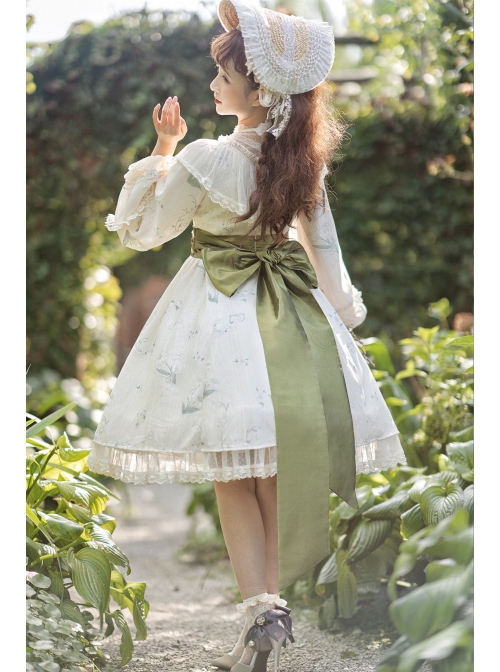 Look For Flower Letter Paper Series OP Light Yellow Pearl-Chiffon Elegant Printing Classic Lolita Long Sleeve Dress