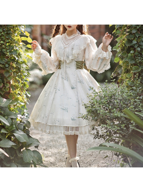 Look For Flower Letter Paper Series OP Light Yellow Pearl-Chiffon Elegant Printing Classic Lolita Long Sleeve Dress