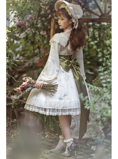 Look For Flower Letter Paper Series OP Light Yellow Pearl-Chiffon Elegant Printing Classic Lolita Long Sleeve Dress